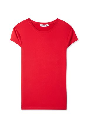 T-shirt rossa a maniche corte realizzata in tessuto liscio. Presenta un colletto rotondo e un design semplice senza fantasie o dettagli.