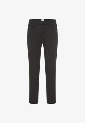 Schwarze Slim-Fit-Hose mit vorderem Knopf und Reißverschluss, Gürtelschlaufen und zwei Fronttaschen, vor weißem Hintergrund dargestellt.