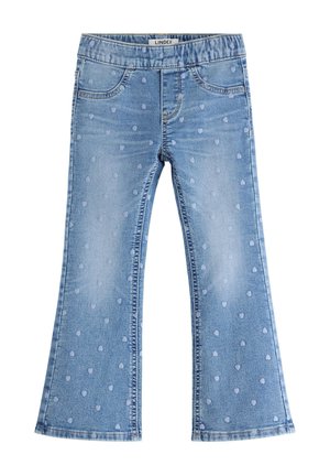 Jeans a zampa di elefante in denim blu chiaro con cintura elasticizzata, caratterizzati da un motivo di piccoli cuori blu chiaro sparsi su tutta la superficie.