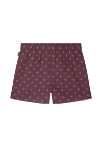 Boxers bordeaux avec un motif répété de cerises et de feuilles vertes, taille élastique et tissu doux avec une coupe décontractée.