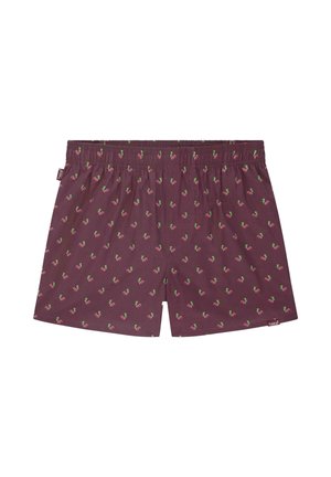 Boxers bordeaux avec un motif répété de cerises et de feuilles vertes, taille élastique et tissu doux avec une coupe décontractée.