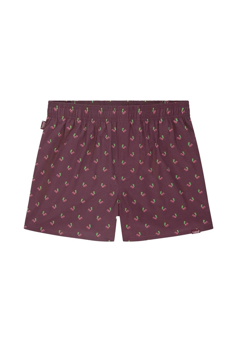 Boxers bordeaux avec un motif répété de cerises et de feuilles vertes, taille élastique et tissu doux avec une coupe décontractée.