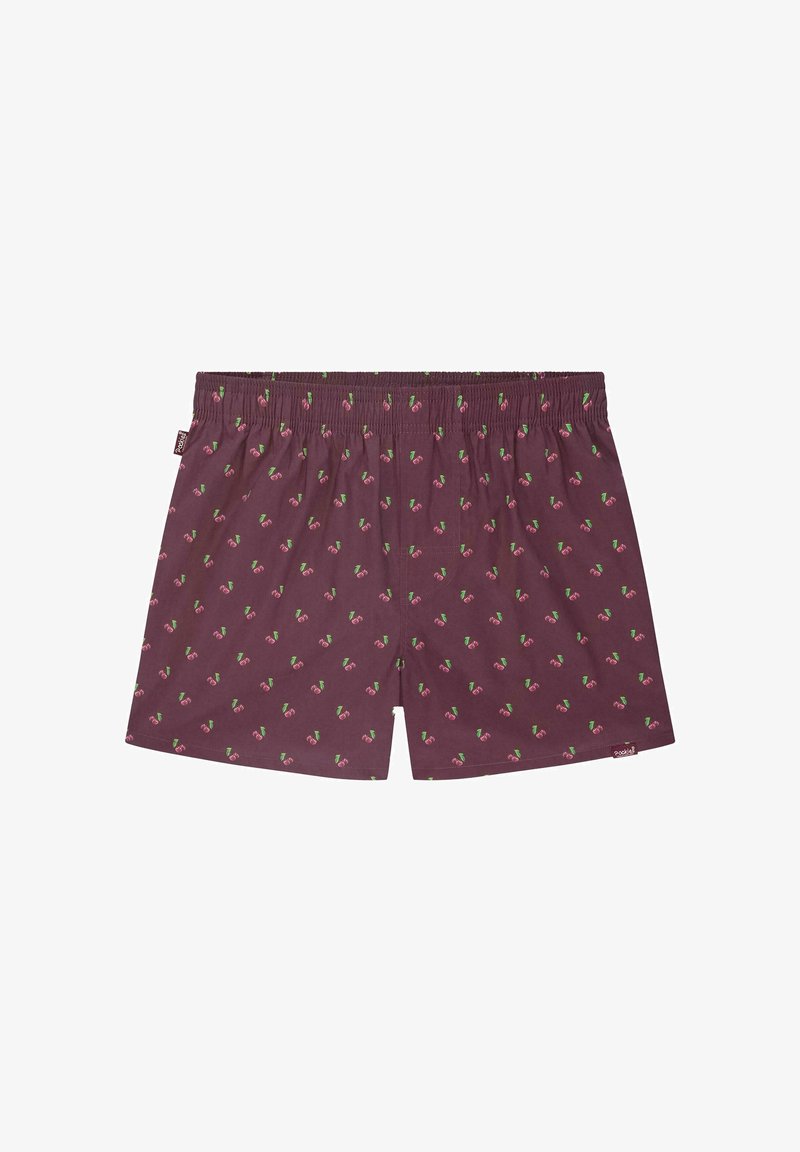 Bordeaux boxers met een herhaald patroon van kersen en groene bladeren, elastische tailleband en zachte stof met een ontspannen pasvorm.