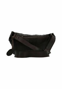Borsa a tracolla in pelle nera con scomparto principale con zip, tracolla testurizzata e un'etichetta rotonda. Caratterizzata da un design elegante e compatto.