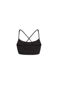 Sport bra nero con sottili spalline incrociate e un design posteriore liscio e senza cuciture.