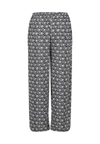 Black and white patterned wide-leg pants with an elastic waistband, featuring a repeating leaf design and a smooth, lightweight fabric.