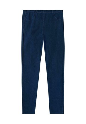 Mörkblå denimbyxor med en figursydd design, elastisk midja och två framfickor. Slät textur och smalnande benform.