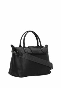 Zwarte leren handtas met dubbele bovenhandvatten, een afneembare schouderriem en een gestructureerde afwerking, met een ritssluiting en hardwareaccenten.