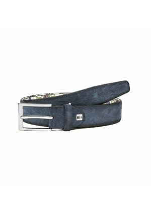 Blue suede belt with a brushed silver rectangular buckle, featuring a patterned inner lining and a smooth texture.