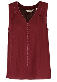 Burgundy sleeveless blouse featuring a V-neck, textured fabric, decorative stitching down the front, and embroidered accents on shoulders.