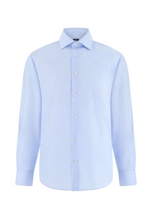 Hellblaues Herrenhemd mit dünnen weißen vertikalen Streifen, Knopfleiste, langen Ärmeln und spitzem Kragen.