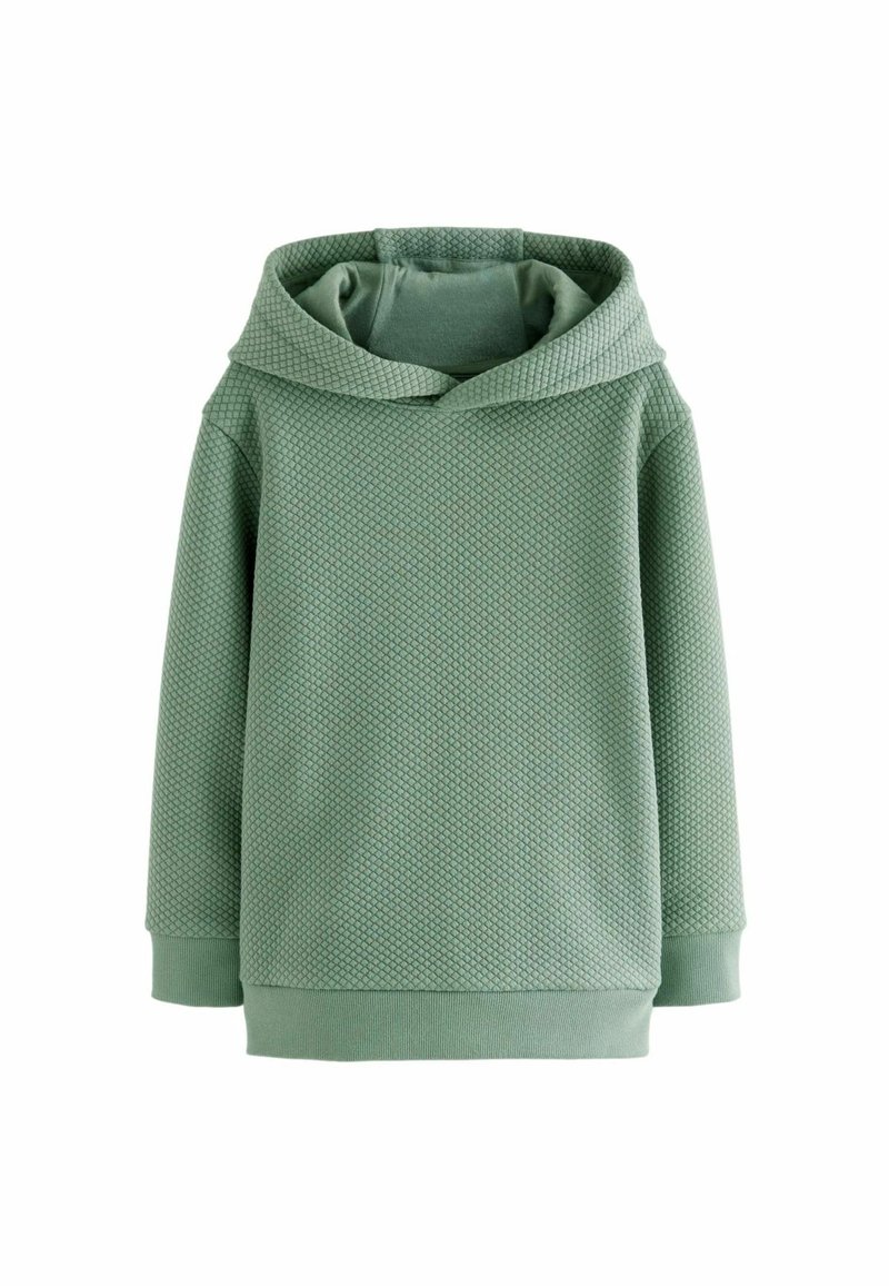 Zielona bluza z kapturem, wykonana z teksturowanej tkaniny. Posiada luźny krój, długie rękawy i ściągacze przy mankietach. Prosty design bez wzorów.