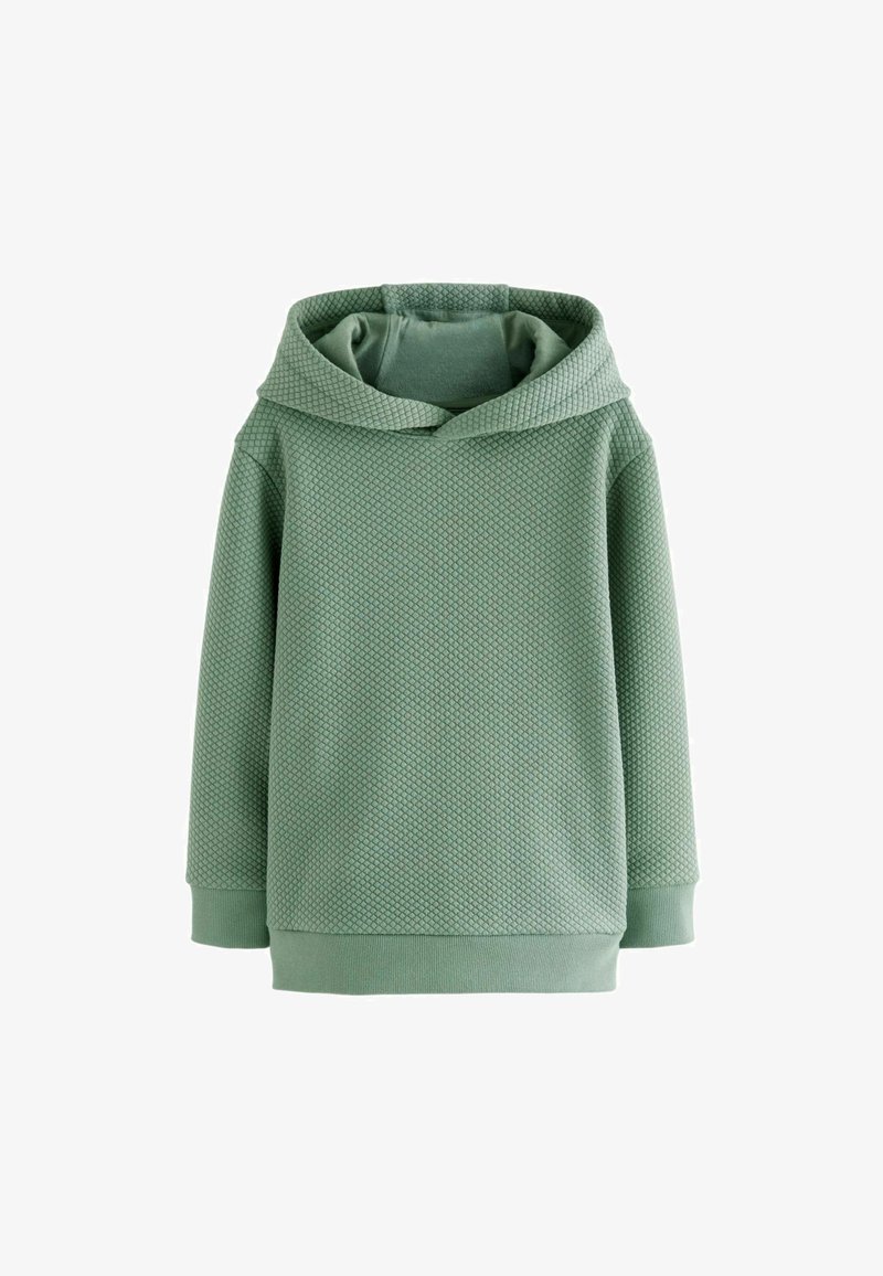 Green hooded sweatshirt made from textured fabric. Features a relaxed fit, long sleeves, and ribbed cuffs. Simple design with no patterns.