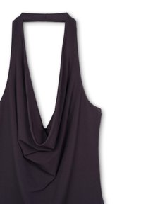 Top senza maniche drappeggiato in tessuto viola scuro, con scollatura a V profonda e dettaglio arricciato davanti, texture liscia e silhouette aderente.
