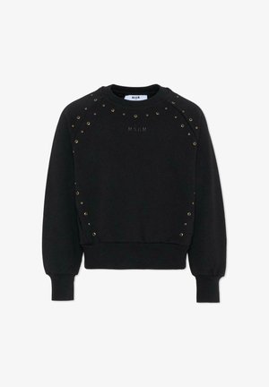 Felpa nera realizzata in tessuto morbido, con accenti in occhielli dorati sulle spalle e branding ricamato sul fronte.