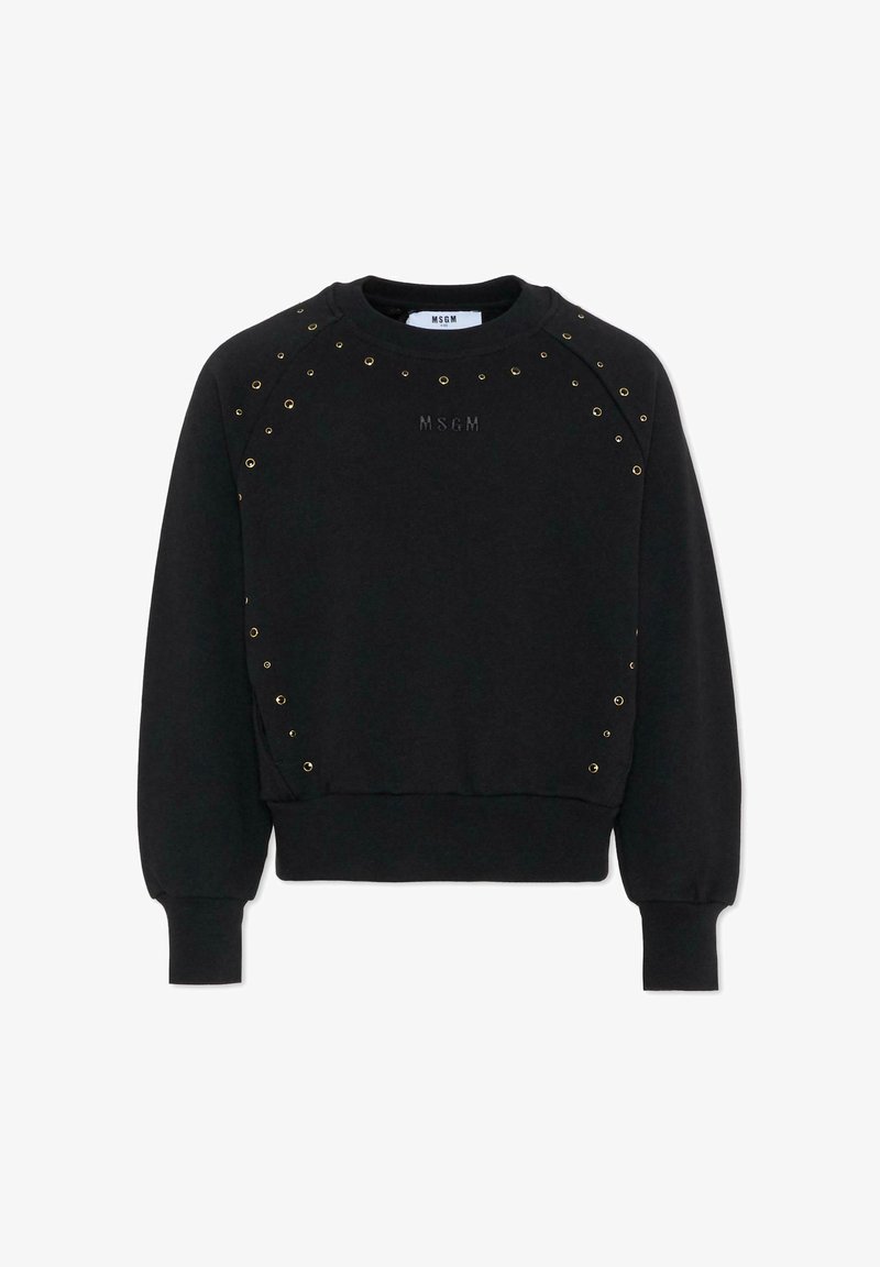 Czarna bluza z miękkiego materiału, ozdobiona złotymi oczkami na ramionach oraz haftowanym logo z przodu.