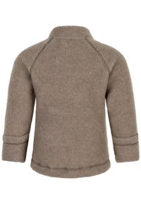 Brauner Wollpullover mit Rundhalsausschnitt, langen Ärmeln und gerippten Bündchen; verfügt über eine weiche, strukturierte Oberfläche und flache Nähte.