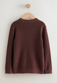 Bordeaux gebreide trui met een ronde hals en lange mouwen. Heeft een ribstructuur en een relaxed fit, hangend aan een houten hanger tegen een muur.