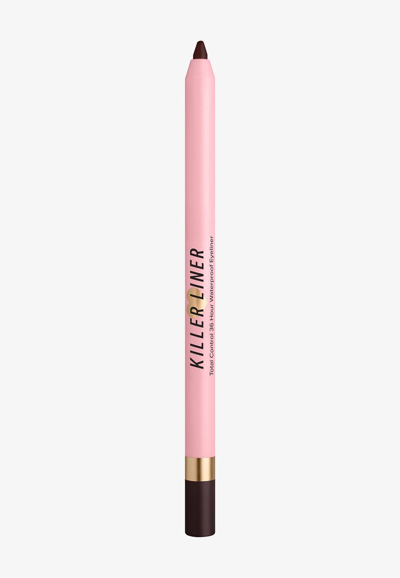 Schlanker rosa Eyeliner-Stift mit schwarzer Spitze und goldfarbenem Akzent, beschriftet mit "Killer Liner Total Control 36 Stunden wasserfester Eyeliner."