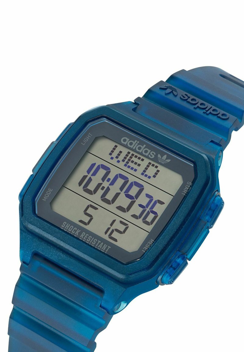 Digital Adidas watch with a blue transparent plastic design, LCD display showing time, and shock-resistant features.