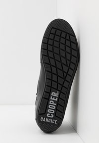 Semelle de chaussure noire avec motif antidérapant texturé, marques "COOPER" et "CANDICE", présentée sur un fond blanc en coin.