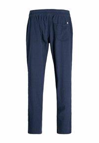 Tumesinised vabaaja püksid elastse vöökohaga ja ühe tagataskuga, sirge säärega, nähtavate kinnituste või kaunistusteta.