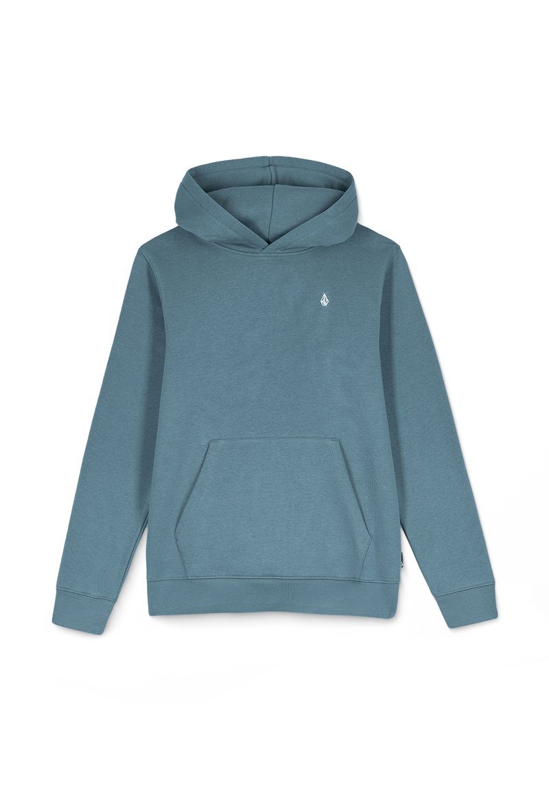 Felpa color teal realizzata in morbido misto cotone, con tasca frontale, polsini a coste e cappuccio con cordino. Presenta un piccolo logo sul petto.