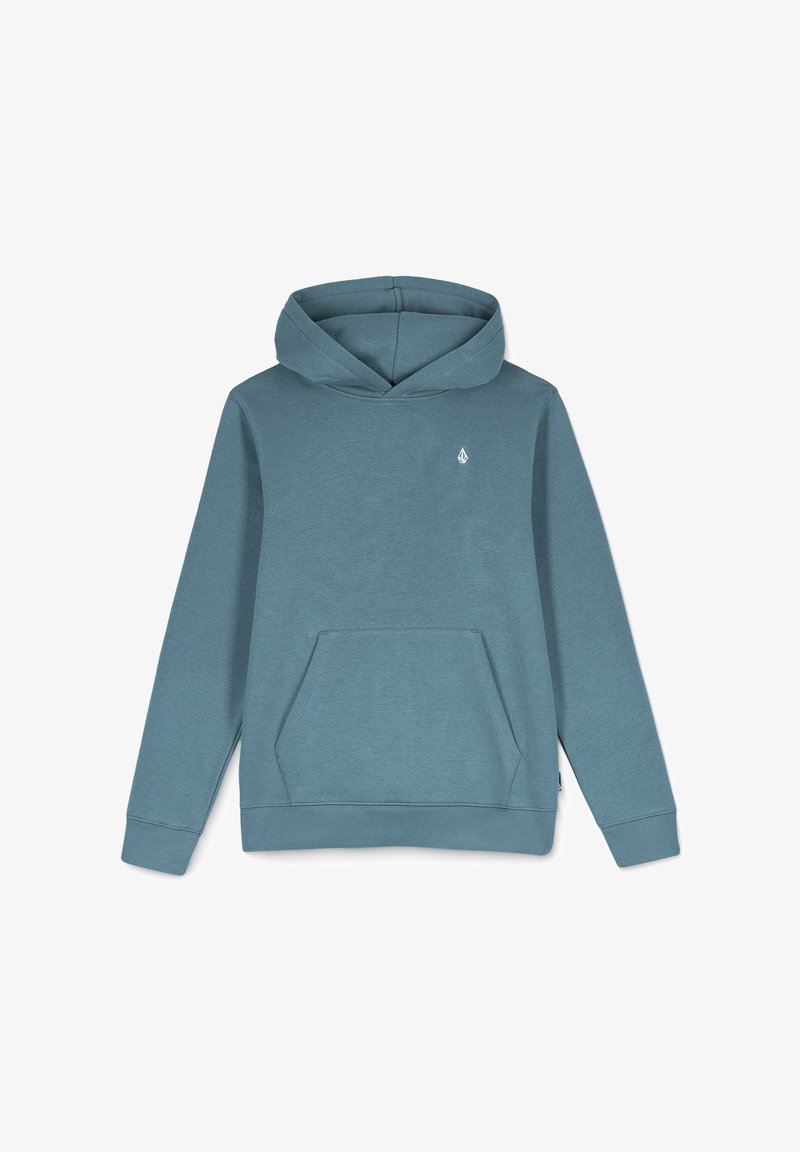 Sudadera color teal hecha de una suave mezcla de algodón con un bolsillo frontal, puños acanalados y capucha con cordón. Presenta un pequeño logo en el pecho.