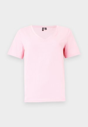 T-shirt rose clair à manches courtes et col en V, présenté à plat sur un fond gris clair.