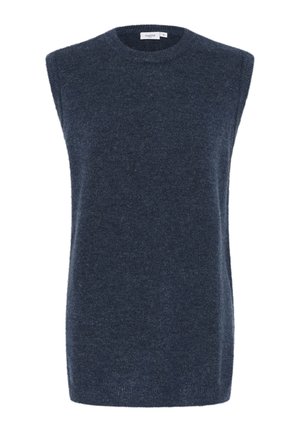 Navyblauwe mouwloze trui van zachte stof, met een ronde halslijn en een ontspannen pasvorm. Zijdezachte textuur zonder zichtbare patronen.