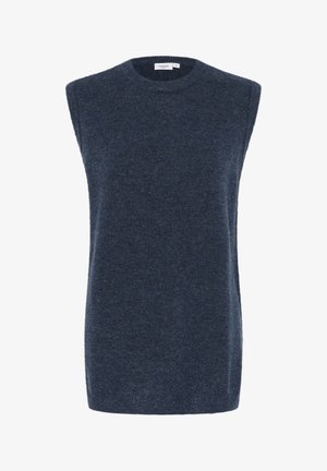 Pull sans manches bleu marine en tissu doux, avec un col rond et une coupe décontractée. Texture lisse sans motifs visibles.