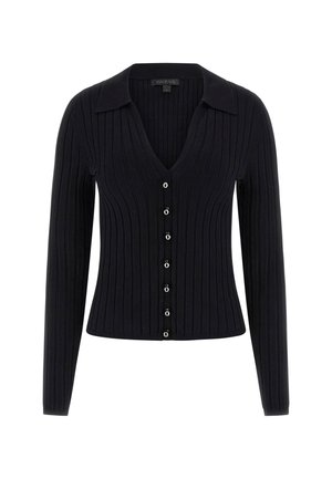 Cardigan negru cu nervuri, cu decolteu în V, mâneci lungi și închidere cu nasturi. Are nasturi de culoare argintie și o siluetă ajustată.