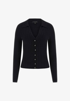 Cardigan nero a coste con scollatura a V, maniche lunghe e chiusura con bottoni frontale. Presenta bottoni in tonalità argento e una silhouette aderente.