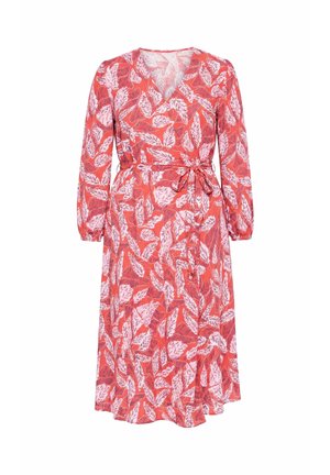 Wikkel midi-jurk met lange mouwen, koraalrode achtergrond en wit-paarse bladprint, ceintuur in de taille en gerimpelde zoom.