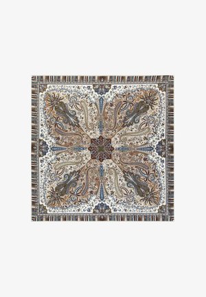 Vierkante stof met ingewikkelde symmetrische bloemen paisley patronen in bruin, blauw, beige en wit, omrand door een gestreepte lijst.
