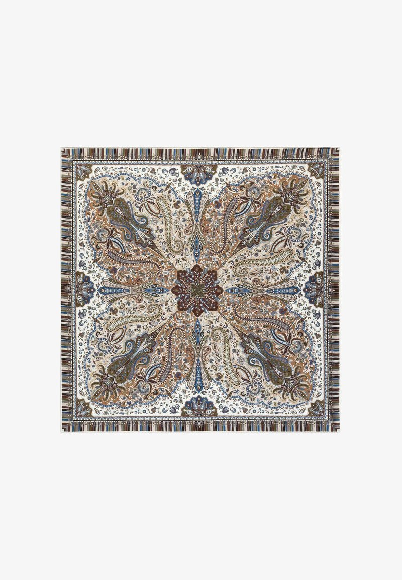 Quadratischer Stoff mit filigranen symmetrischen floralen Paisley-Mustern in Braun, Blau, Beige und Weiß, umrahmt von einem gestreiften Rand.