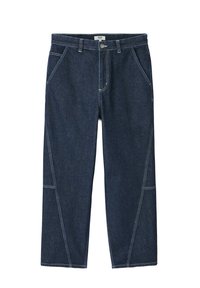 Jean en denim bleu foncé avec une coupe décontractée, présentant des coutures contrastées, des poches inclinées et une conception à jambes droites.