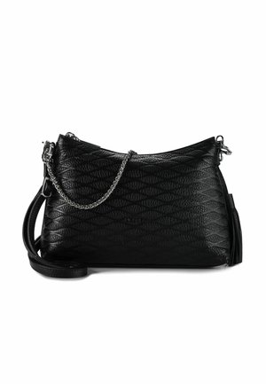 Borsa a spalla nera con texture, caratterizzata da un motivo a diamante, tracolla in catena argentata e un accento in pelle con pom pom. Include una tracolla rimovibile.