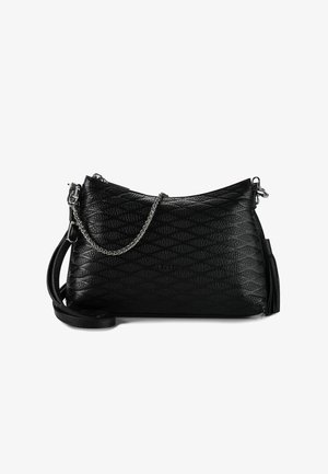 Schwarze strukturierte Schultertasche mit einem Rautenmuster, silberner Kettenriemen und einem Lederquastenakzent. Enthält einen abnehmbaren Umhängegurt.