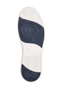 Suola di scarpa in gomma con un bordo esterno bianco, centro di un blu navy testurizzato, caratterizzata da accenti circolari e un motivo a zig-zag per migliorare la presa.