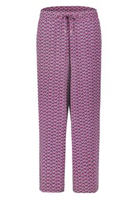 Pantalons violets à motifs avec taille à cordon, présentant un design géométrique en rose, blanc et noir. Fabriqué en tissu léger.