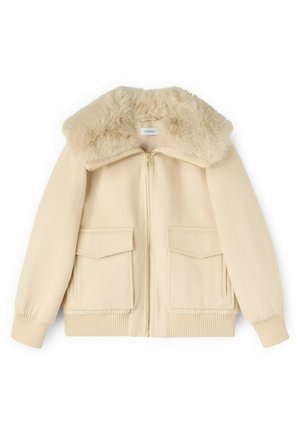 Beige ritjack met een faux fur kraag, ribbel manchetten en twee voorkeurszakken. Zacht materiaal met een gladde textuur.
