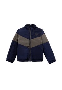 Chaqueta bicolor en azul marino y gris con cierre de cremallera, puños y dobladillo elásticos. Presenta un cuello alto y una textura suave.