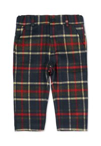 Pantalon tartan base marine, présentant des motifs à carreaux rouges, verts et jaunes. Fabriqué en tissu doux, avec deux poches avant et une fermeture à bouton unique.