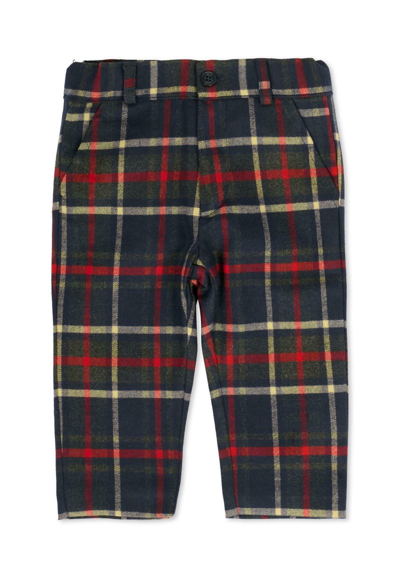 Pantalon tartan base marine, présentant des motifs à carreaux rouges, verts et jaunes. Fabriqué en tissu doux, avec deux poches avant et une fermeture à bouton unique.