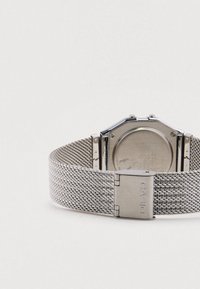 Stříbrný kovový náramek hodinek s kovovou síťovinou, zapínání Casio a zadní část hodinek z nerezové oceli na čistě bílém pozadí.