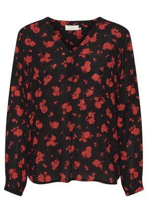 Blusa negra de flores con mangas largas, escote en V, adornada con pequeñas flores rojas y un corte holgado. Fabricada con una tela ligera.