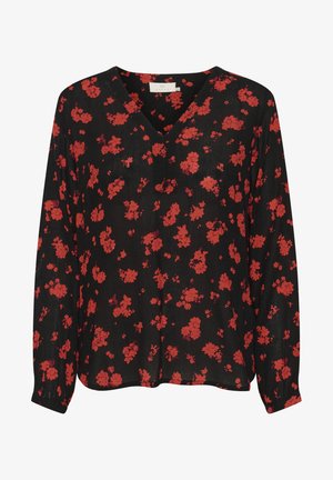 Zwarte bloemenblouse met lange mouwen, V-hals, voorzien van kleine rode bloemen en een losse pasvorm. Gemaakt van lichtgewicht stof.