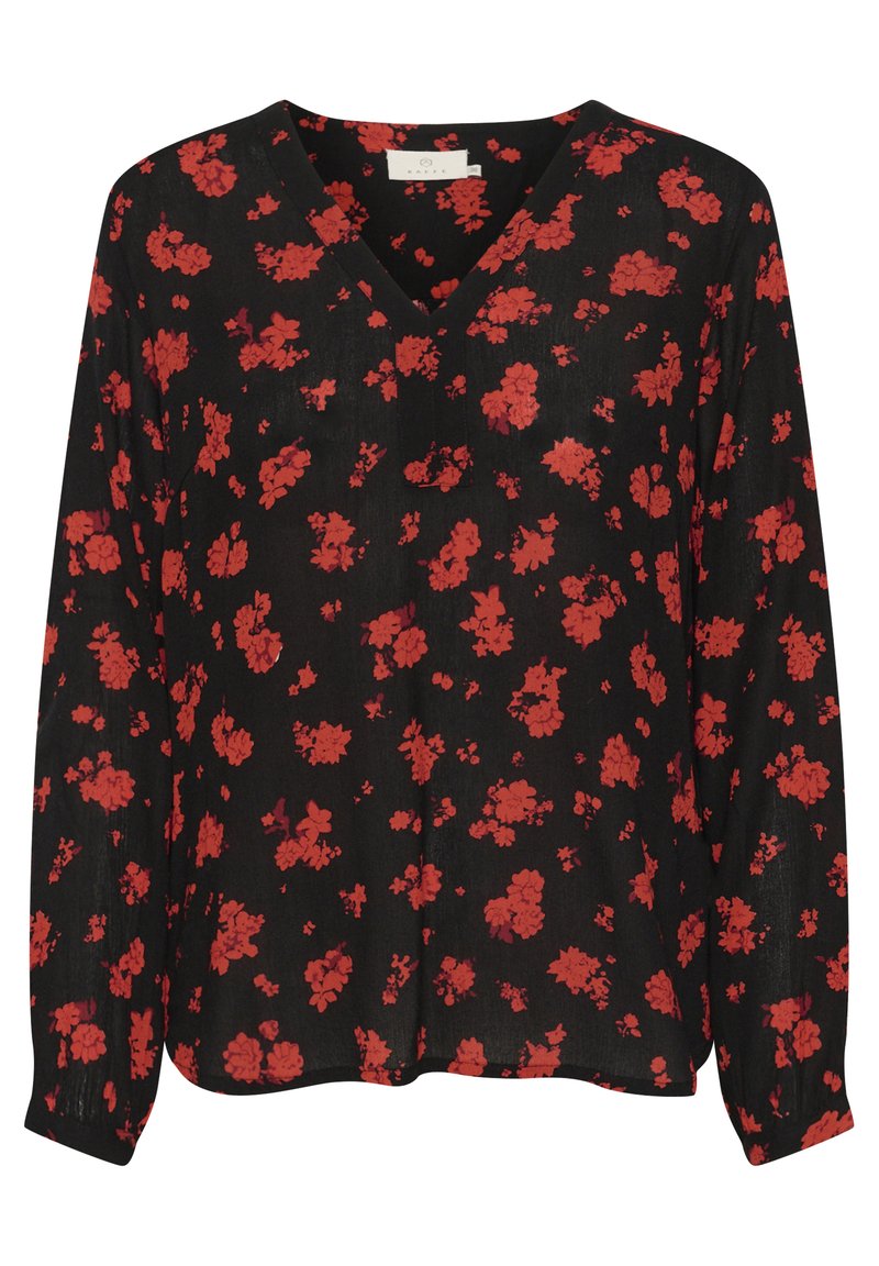 Blouse noire à manches longues avec un imprimé floral rouge et un décolleté en V, confectionnée dans un tissu léger.
