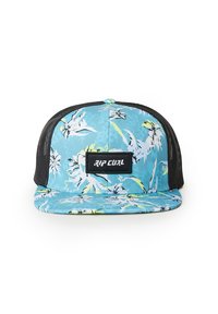 Blaues Cap mit tropischem Blumenmuster, schwarzen Mesh-Seiten und flachem Schirm. Mit einem schwarzen rechteckigen Logo-Patch auf der Vorderseite.
